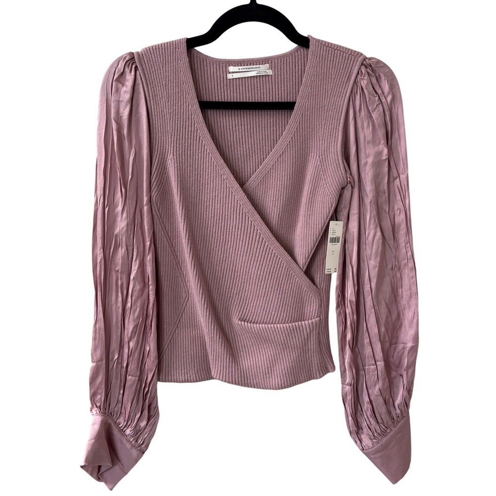NWT By Anthropologie Twofer Faux-Wrap Sweater‎ Blouse Mauve Pink Sz S